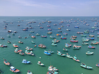 Aerial view of the numerous sailing boats parked in the sea