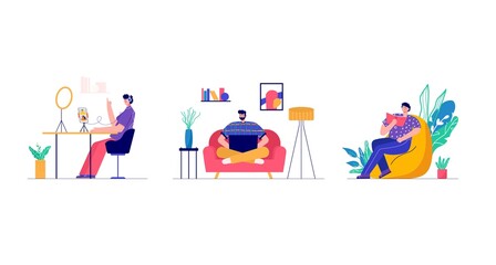 Modern people playing reading book, working freelance, gaming. Set of characters enjoying their hobbies, work, leisure. Vector illustration in flat cartoon style.