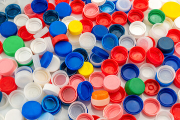 colored Bottle plastic caps for recycling the material in top view