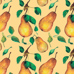 Seamless pattern with watercolor pears and leaves.