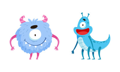 Obraz na płótnie Canvas Happy funny one eyed monsters. Cute toothy monster and alien cartoon characters vector illustration