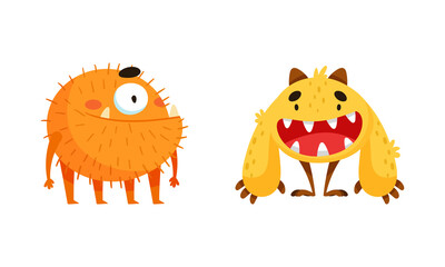 Funny monsters. Cute toothy baby monster cartoon characters vector illustration