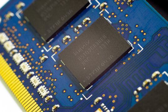Sochi, Russia - March 28 2022: Hynix brand name on memory chip on pcb. Memory chip manufacture. 