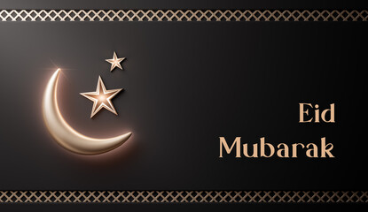 Eid mubarak realistic islamic crescent moon decoration black gold banner 3d render