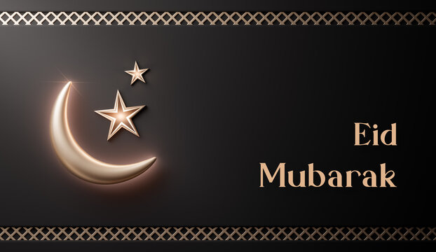 Eid Mubarak Realistic Islamic Crescent Moon Decoration Black Gold Banner 3d Render