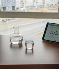 drinking water in a decanter and a glass on the table and a tablet with graphs on the background of the urban landscape. horizontal orientation.