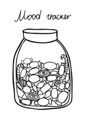 Printable A4 paper sheet with hand drawn jar and candies, tracker for fill planner of mood tracker for bullet journal page, daily planner template, blank for notebook.