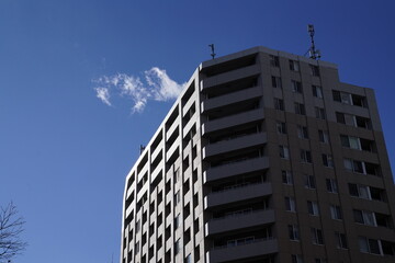 Fototapeta premium 青空に映える雑居ビル、中層階のマンション、ワンルームマンション