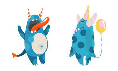 Cute monsters in different actions set. Funny toothy monster characters cartoon vector illustration