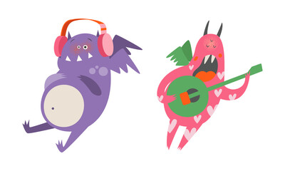 Cute monsters in different actions set. Funny toothy monster characters listening music and singing cartoon vector illustration © Happypictures