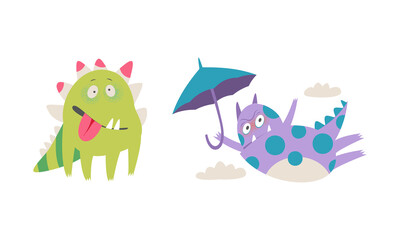 Cute monsters in different actions set. Funny toothy monster character flying with umbrella cartoon vector illustration