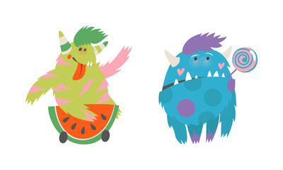 Cute funny toothy monsters in different actions cartoon vector illustration