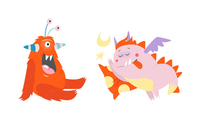 Cute monsters in different actions set. Funny toothy monster characters sitting and sleeping cartoon vector illustration