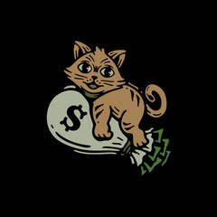 illustration of a cat hugging a money bag with doodle design