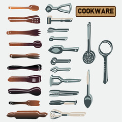Set of kitchen utensils with shadows and 3D effects
