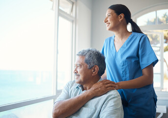 Obraz premium Its a beautiful day. Cropped shot of a handsome senior man and his female nurse in the old age home.