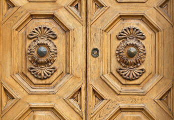 Detail of an old italian wooden door with floral decoration