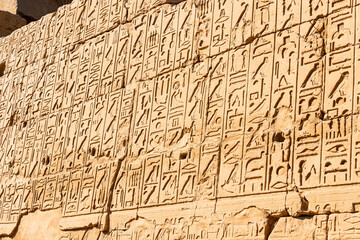 Fototapeta na wymiar hieroglyphs carved in sandstone wall in Karnak temple in Luxor. Egyptian heritage and history concept