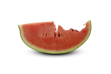 Cut watermelon with bite marks isolated on white background.