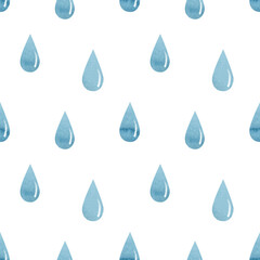 Watercolor seamless pattern with colorful light blue stains, drops of water, rain. Isolated on white background.