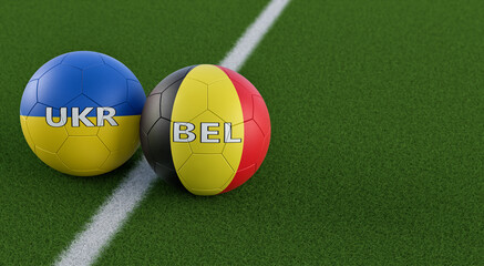 Belgium vs. Ukraine Soccer match - Soccer balls in Belgium and Ukraine national colors on a soccer field. Copy space on the right side - 3D Rendering 