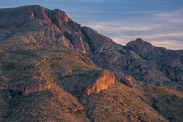 Spring landscape of the Superstition Wilderness Area at sunset,  Apache Trail, Tonto National Forest, Arizona, USA