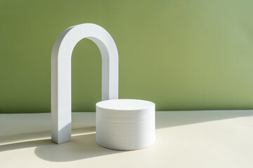 Abstract minimal scene with white podium and arch with green. Product presentation showcase, layout stage, cosmetic products showcase, podium, stage pedestal. 3d rendering