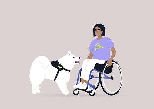 A young female character in a wheelchair playing with a samoyed puppy, a friendship concept