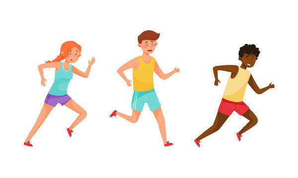 Running people set. Athletes taking part in sports competition cartoon vector illustration