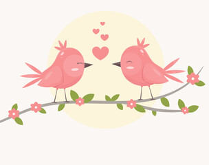 Birds with love and hearts on branch.