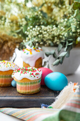 Easter holiday sweet cake and easter eggs dessert meal treat food snack on the table copy space food background