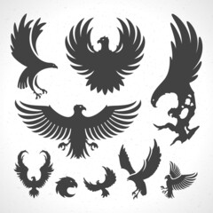 Eagles logos emblems template set mascot symbol for business or shirt design. Vector vintage design element.