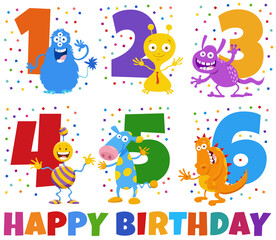 Obraz na płótnie Canvas birthday greeting cards set with cartoon monster characters