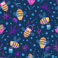 Cute Neon Honey Bees in Blue Vector Seamless Pattern