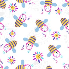 Cute Honey Bees with Head Phones Vector Seamless Pattern