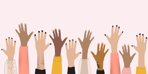 Raised hands and arms of multi ethnic international multicultural women. Anti racism, racial equality, feminism concept. woman community and cooperation, volunteer