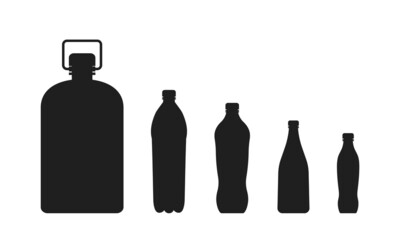 Plastic bottle. Plastic bottle for water. Black containers with cap. Gallon of mineral water isolated. Big and small bottle for liquid, aqua, drink. Different packaging. Vector