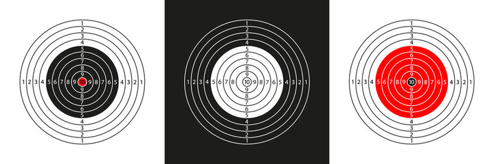 Target shoot. Gun shooting range. Target with numbers, bullseye and aim. Background for sport shooting. Isolated icon for rifle, pistol, sniper and army practice. Vector