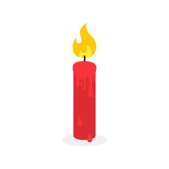 Candle icon. Wax candle with flame. Fire and light from candlelight. Red logo for memorial, christmas and church. Cartoon icon isolated on white background. Vector