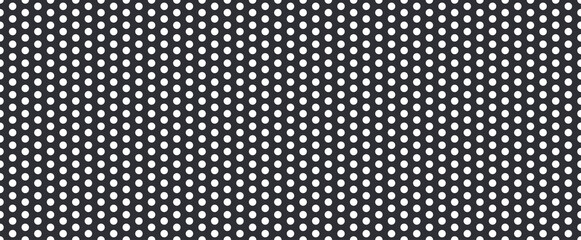 Metal mesh. Pattern of perforated metal. Black mesh texture. Perforated steel. Circle hole in steel plate. Iron sieve. Seamless background. Vector