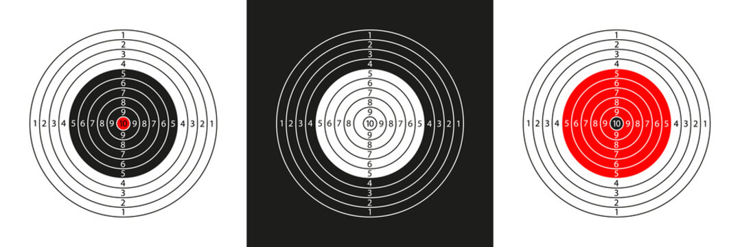 Target shoot. Gun shooting range. Target with numbers, bullseye and aim. Background for sport shooting. Isolated icon for rifle, pistol, sniper and army practice. Vector