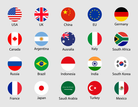 G20 country flags. G20 round icons. China, korea, brazil, mexico, usa, japan, indonesia, canada, france, argentina, saudi arabia, india, germany, south africa, italy, australia, turkey, uk. Vector