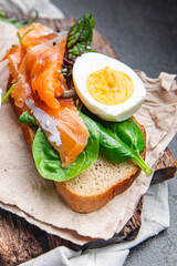 sandwich egg salmon smorrebrod green salad mix seafood open fresh portion meal food snack on the table copy space food background 