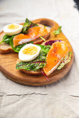 sandwich egg salmon smorrebrod green salad mix seafood open fresh portion meal food snack on the table copy space food background 