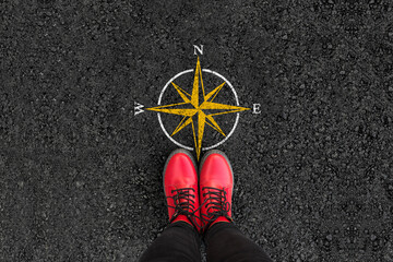  a woman with boots is standing next to compass sign on road asphalt  © mirsad