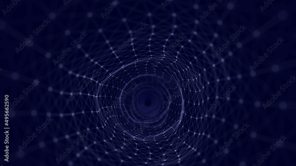 Poster Abstract swirling wireframe tunnel. Futuristic wormhole. Space background with connecting dots. Blue tunnel grid. Concept of internet web. 3d rendering.
