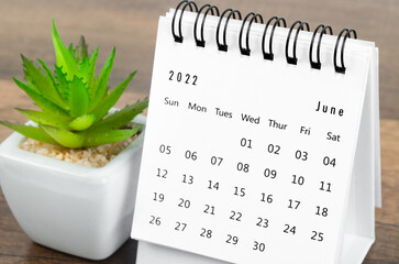 June 2022 desk calendar with plant pot on wooden table.