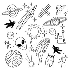 Set of space objects isolated on white background. Outline astronomical objects collection. Hand drawn style. Vector illustration EPS10