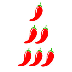 Chili level icons set. Spice level marks. Red hot chili pepper. Mild, spicy, hot, extra hot meter. Stock vector illustration isolated on white background.