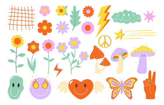 Vector groovy clipart collection. 70s, 80s, 90s vibes stickers. Retro flowers. mushrooms, emoji, hand, butterfly illustrations. Vintage nostalgia elements for design and print